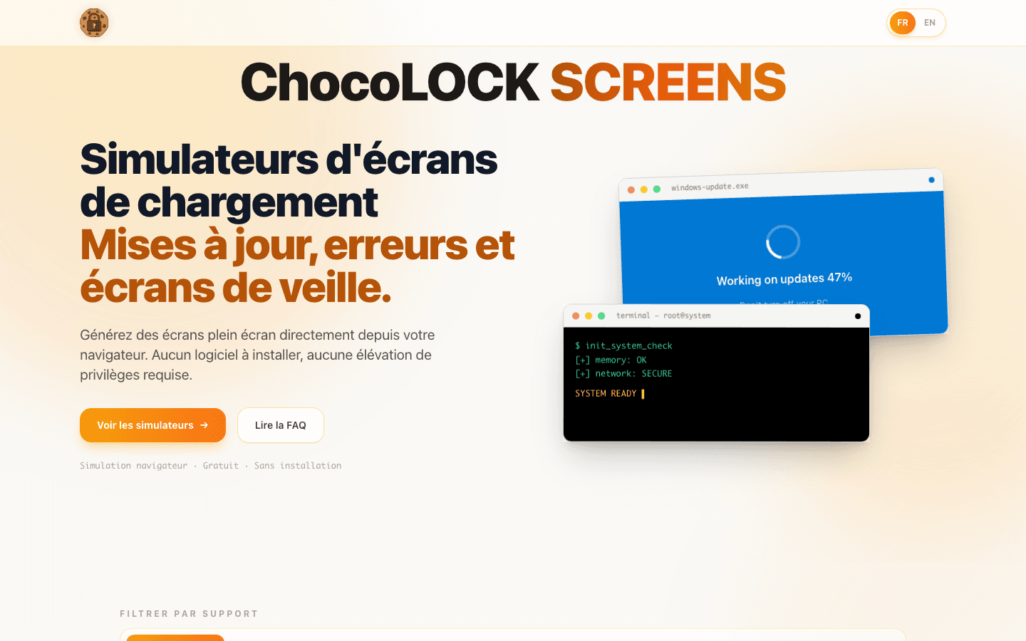 Page ChocoLOCK Screen : simulateurs d'écrans de chargement, de mise à jour et de veille