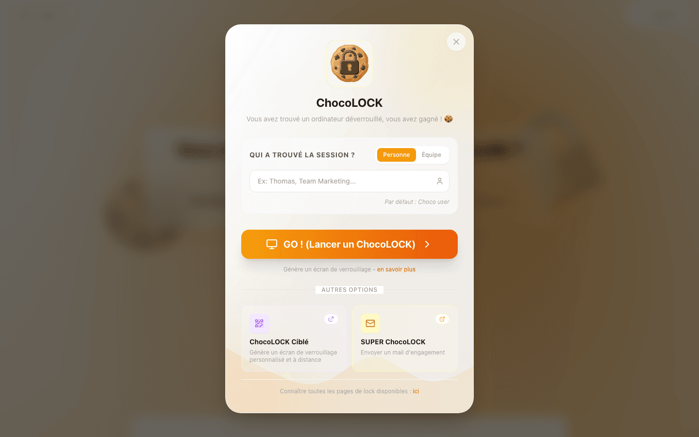 Fenêtre de lancement ChocoLOCK, avec l'option SUPER ChocoLOCK qui envoie un mail d'engagement