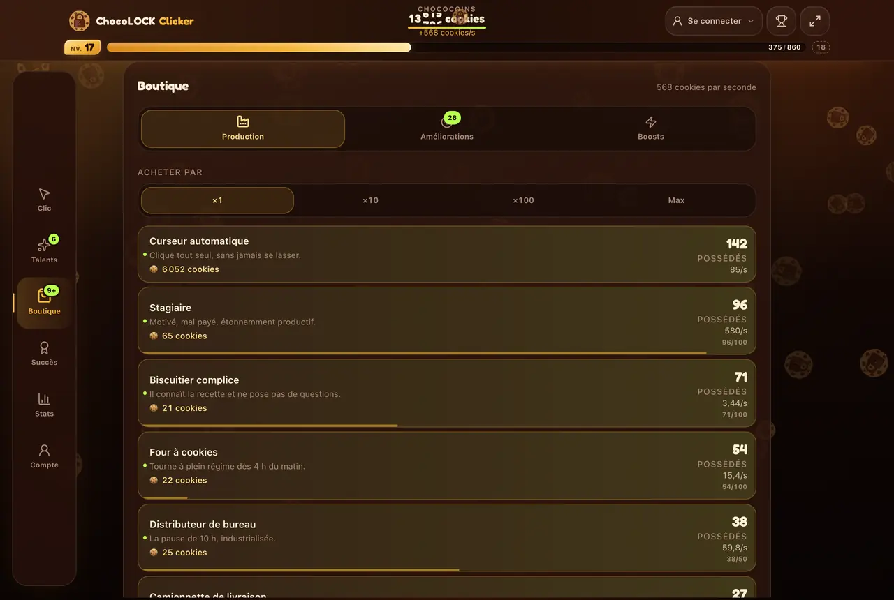 Boutique du Cookie Clicker ChocoLOCK : la liste des générateurs (curseur automatique, stagiaire, biscuitier complice, four à cookies) avec leur prix, le nombre possédé et leur production par seconde, et les achats par 1, 10, 100 ou au maximum.